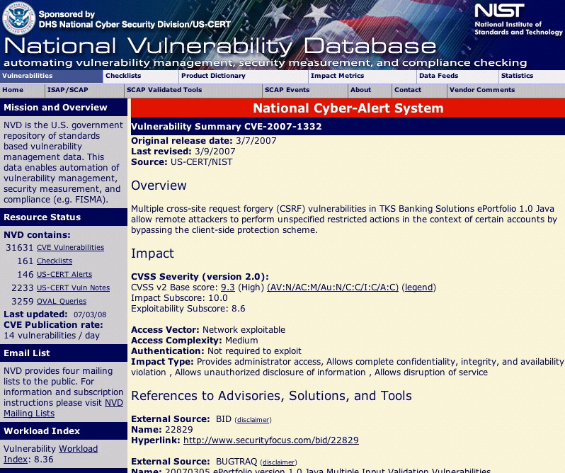 Capture d'écran d'une notice CVE pour une vulnérabilité CSRF dans la base du NIST