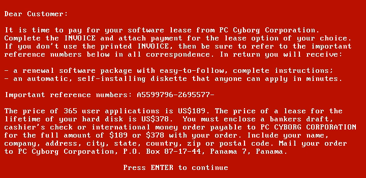 Capture d'écran du premier rançongiciel connu, le Trojan AIDS / PC Cyborg de 1989