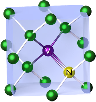 Schéma représentant la structure atomique du centre azote-lacune dans un cristal de diamant